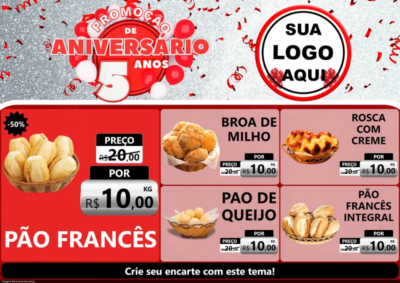 Modelo de Encarte para Encarte A4 Horizontal com o tema Promoção de Aniversário - 5 Anos para Padaria