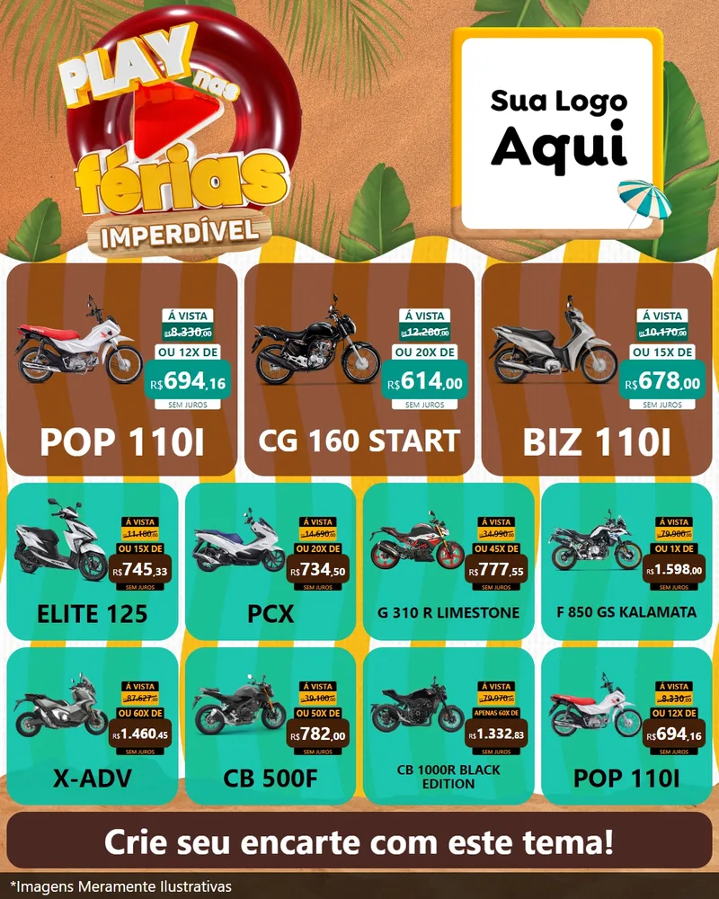 Modelo de Rede Social para Feed Instagram com o tema Play Nas Férias Imperdível para Concessionaria de Motos