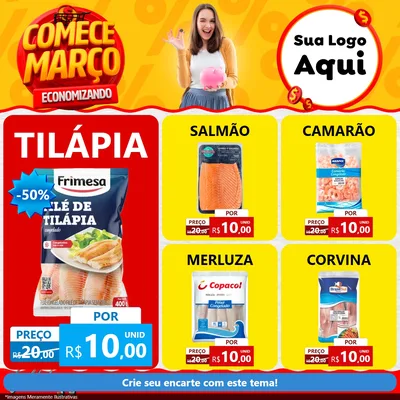 Modelo de Rede Social para Feed Facebook com o tema Comece Março Economizando para Peixaria