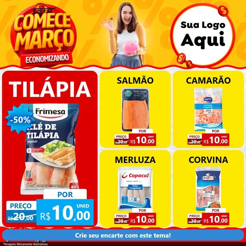 Modelo de Rede Social para Feed Facebook com o tema Comece Março Economizando para Peixaria