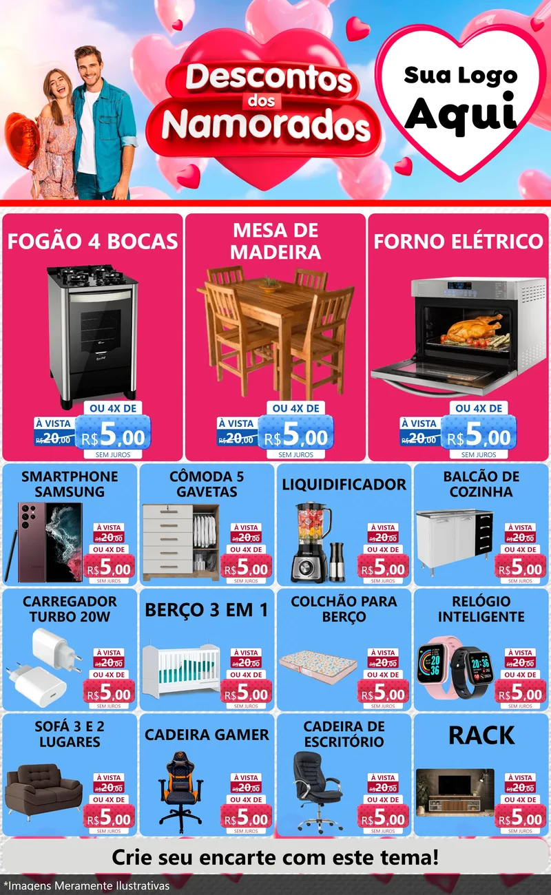Modelo de Encarte para Encarte Grande com o tema Descontos dos Namorados para Móveis e Eletro