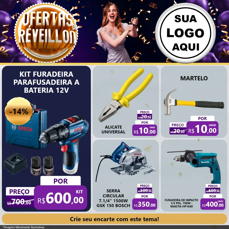 Modelo de Rede Social para Feed Facebook com o tema Ofertas de Réveillon para Maquinas e Ferramentas