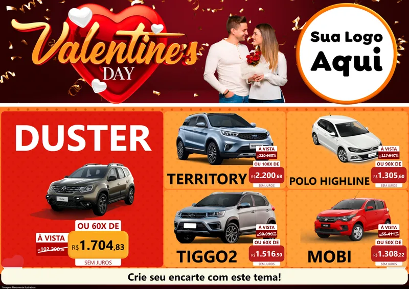 Modelo de Encarte para Encarte A4 Horizontal com o tema Valentine's Day para Concessionaria de Carros