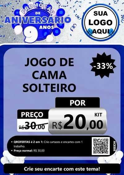 Modelo de Cartaz para Cartaz A4 Vertical com o tema Promoção de Aniversário - 9 Anos para Cama, Mesa e Banho