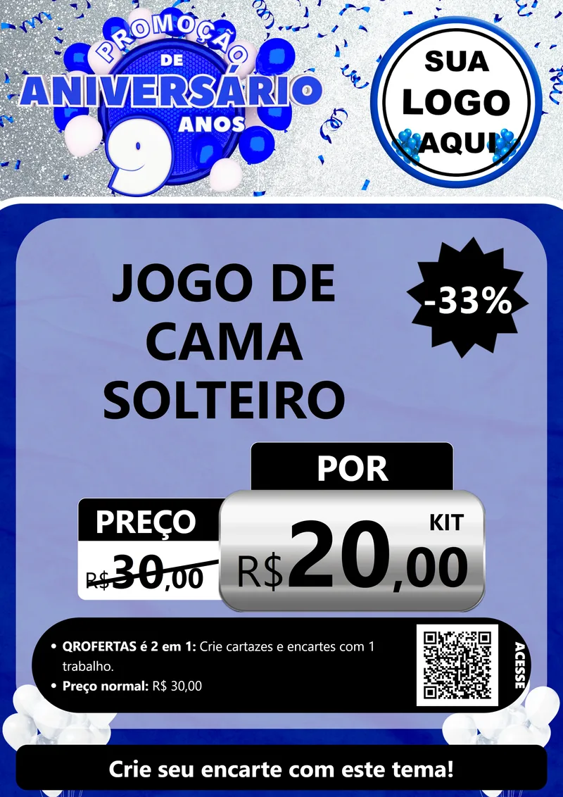 Modelo de Cartaz para Cartaz A4 Vertical com o tema Promoção de Aniversário - 9 Anos para Cama, Mesa e Banho