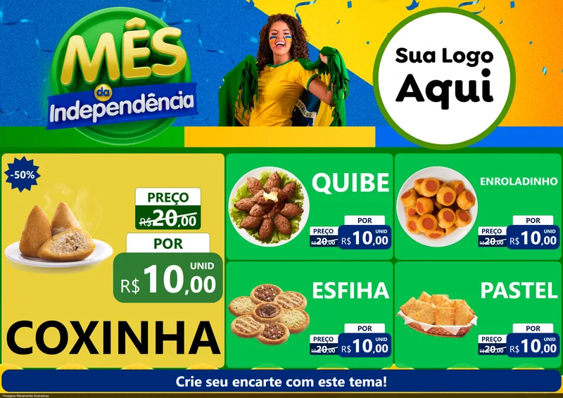 Modelo de Encarte para Encarte A4 Horizontal com o tema Mês da Independência para Salgadaria
