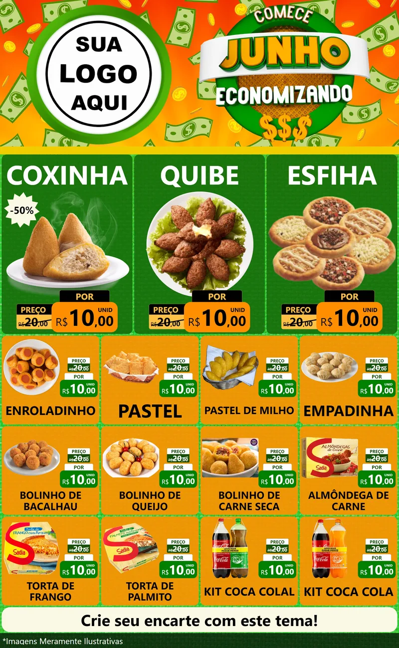 Modelo de Encarte para Encarte Grande com o tema Comece Junho Economizando para Salgadaria