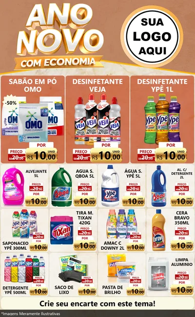 Modelo de Encarte para Encarte Grande com o tema Ano Novo Com Economia para Produtos de Limpeza