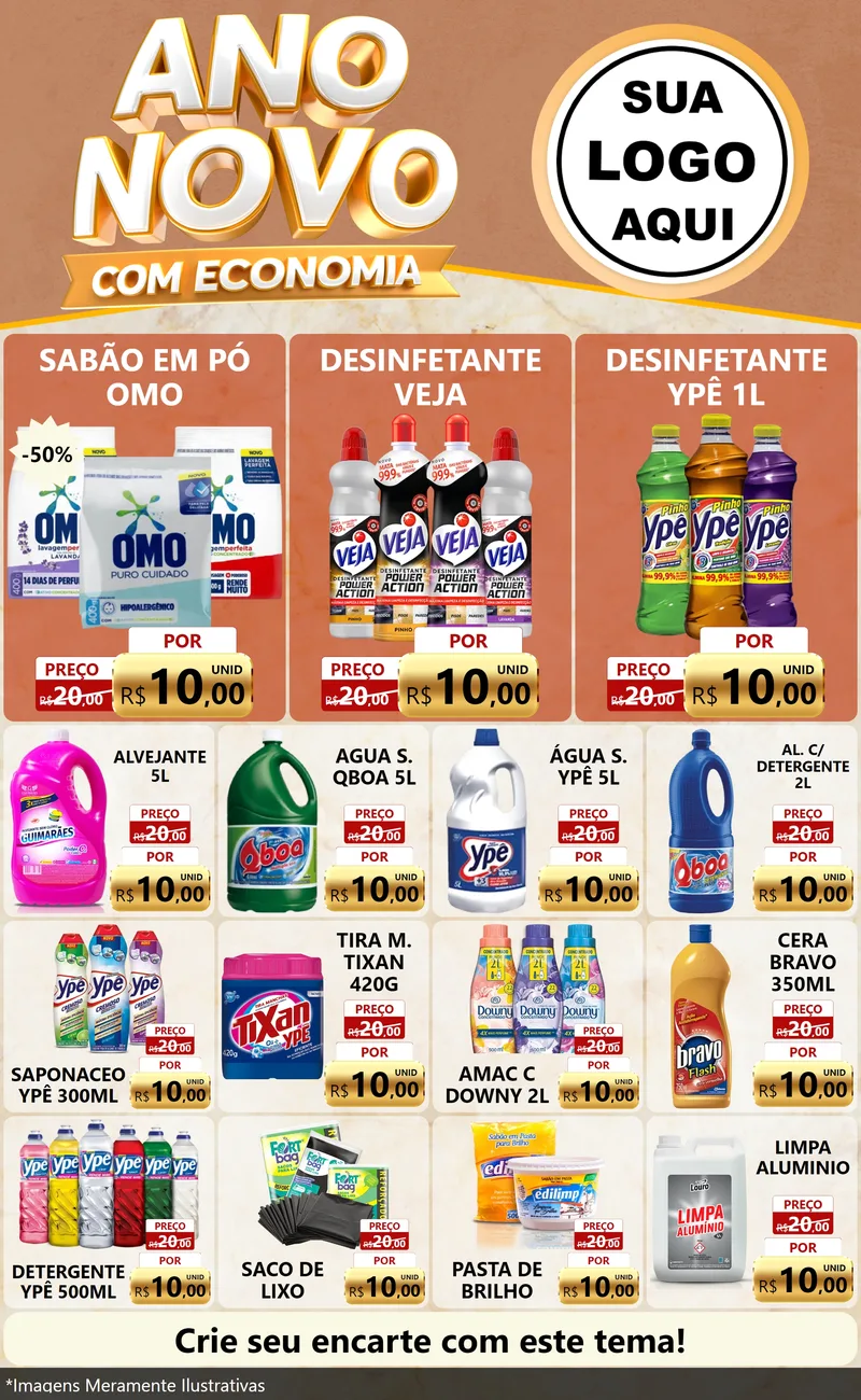 Modelo de Encarte para Encarte Grande com o tema Ano Novo Com Economia para Produtos de Limpeza