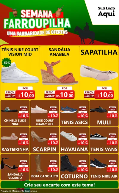 Modelo de Encarte para Encarte Grande com o tema Semana Farroupilha - Uma Barbaridade de Ofertas para Calçados