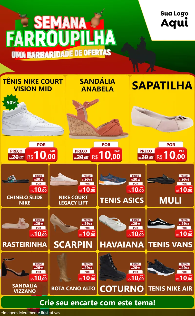 Modelo de Encarte para Encarte Grande com o tema Semana Farroupilha - Uma Barbaridade de Ofertas para Calçados