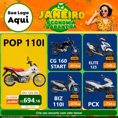 Modelo de Rede Social para Feed Facebook com o tema Janeiro - Economia Garantida para Concessionaria de Motos