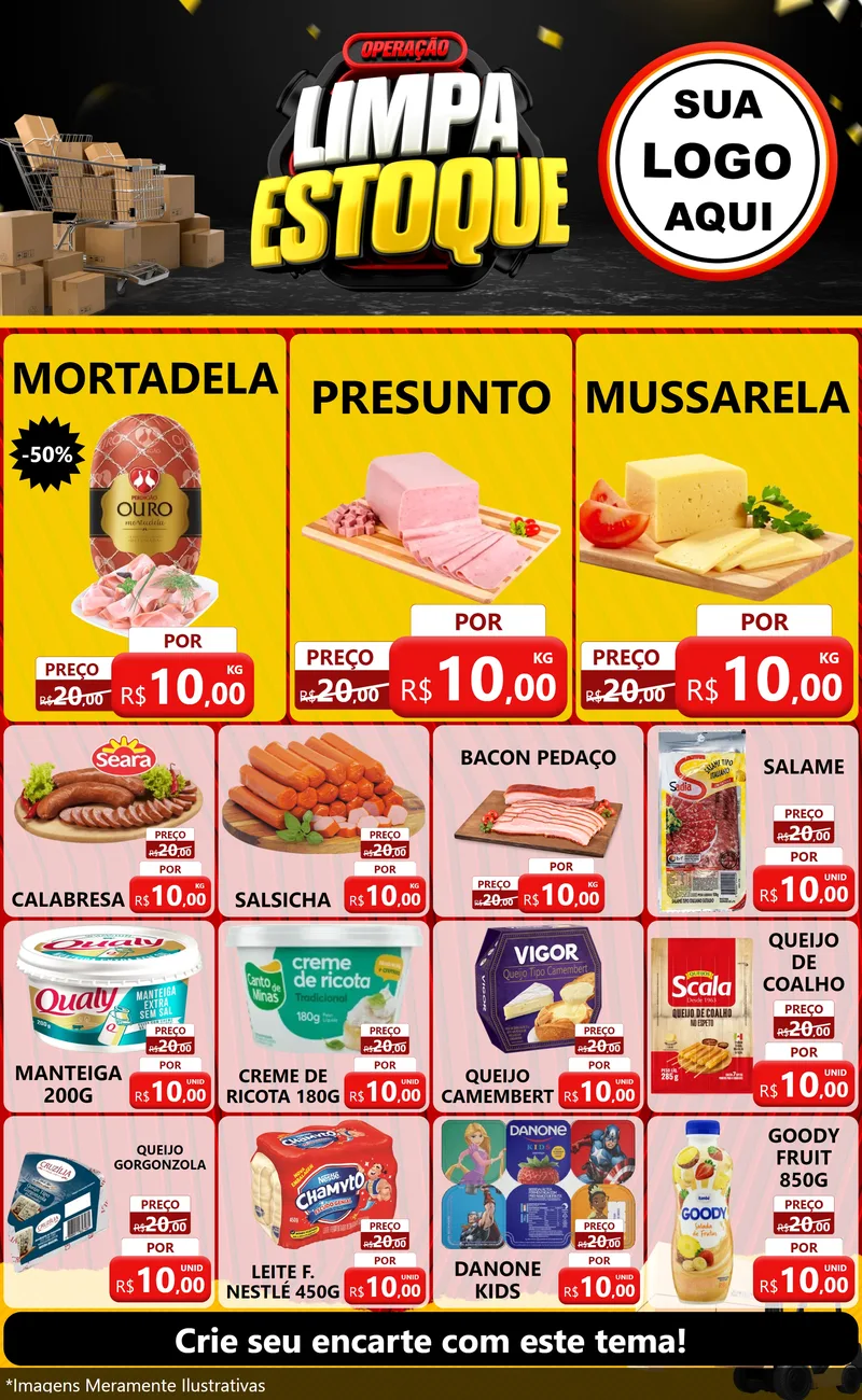Modelo de Encarte para Encarte Grande com o tema Operação Limpa Estoque para Frios e Laticínios