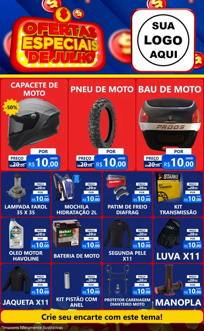 Modelo de Encarte para Encarte Grande com o tema Ofertas Especiais de Julho para Moto peças
