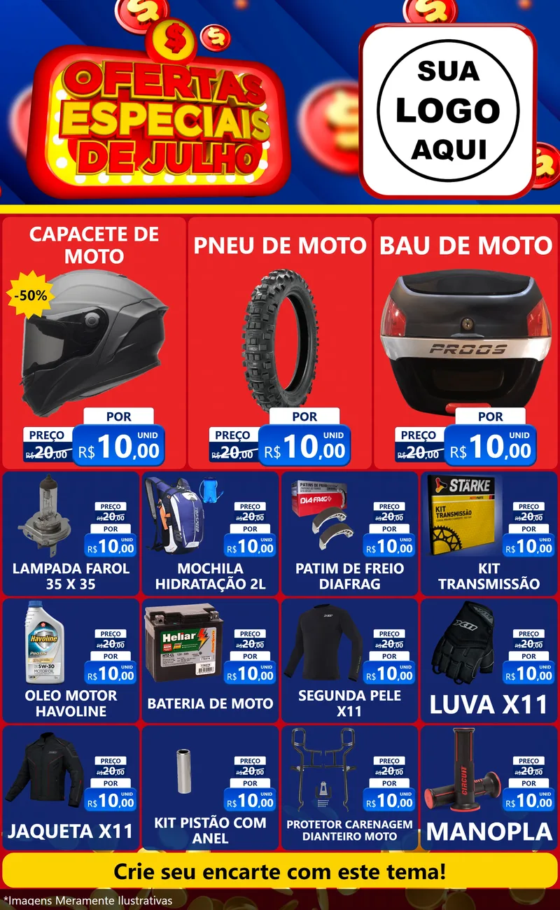 Modelo de Encarte para Encarte Grande com o tema Ofertas Especiais de Julho para Moto peças