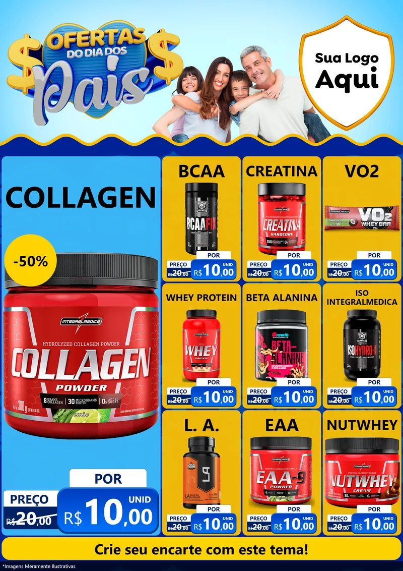 Modelo de Encarte para Encarte A4 Vertical com o tema Ofertas do Dia dos Pais para Suplementos alimentares