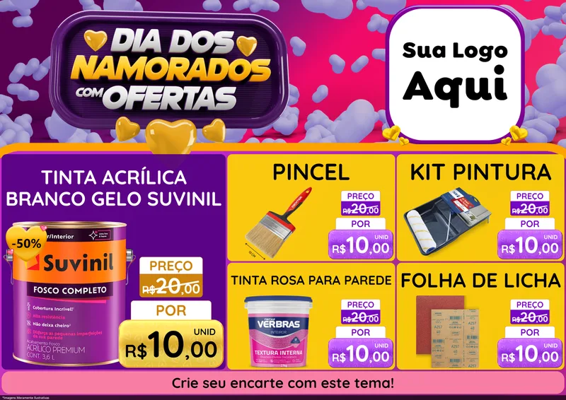 Modelo de Encarte para Encarte A4 Horizontal com o tema Dia Dos Namorados Com Ofertas para Tintas e Ferramentas