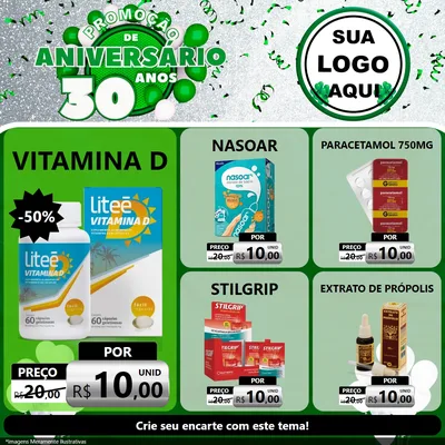 Modelo de Rede Social para Feed Facebook com o tema Promoção de Aniversário - 30 Anos para Farmácia