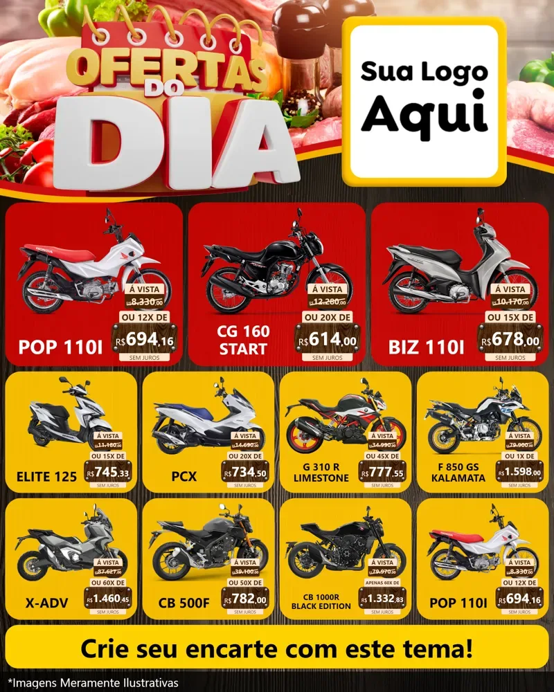 Modelo de Rede Social para Feed Instagram com o tema Ofertas do Dia para Concessionaria de Motos