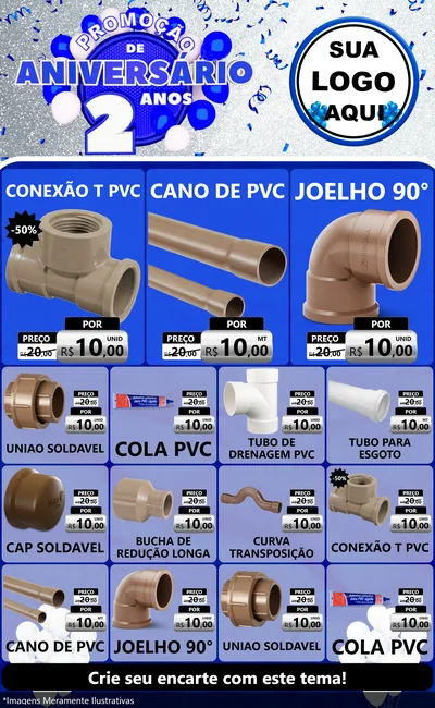 Modelo de Encarte para Encarte Grande com o tema Promoção de Aniversário - 2 Anos para Tubos e conexões