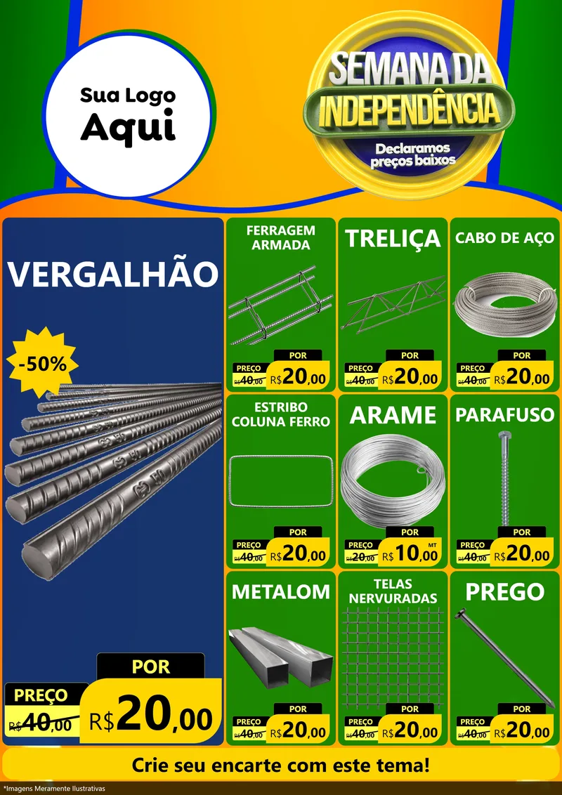 Modelo de Encarte para Encarte A4 Vertical com o tema Semana da Independência Declaramos Preços Baixos para Ferragens