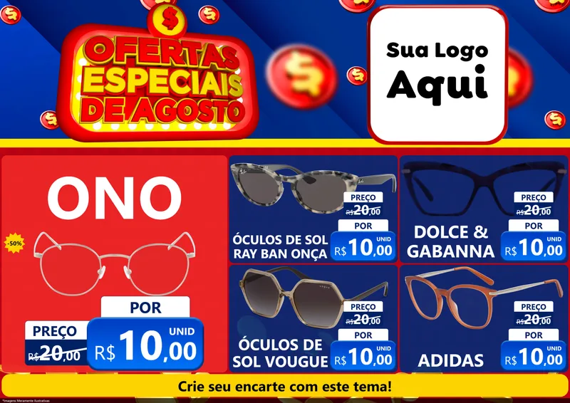 Modelo de Encarte para Encarte A4 Horizontal com o tema Ofertas Especiais de Agosto para Óticas