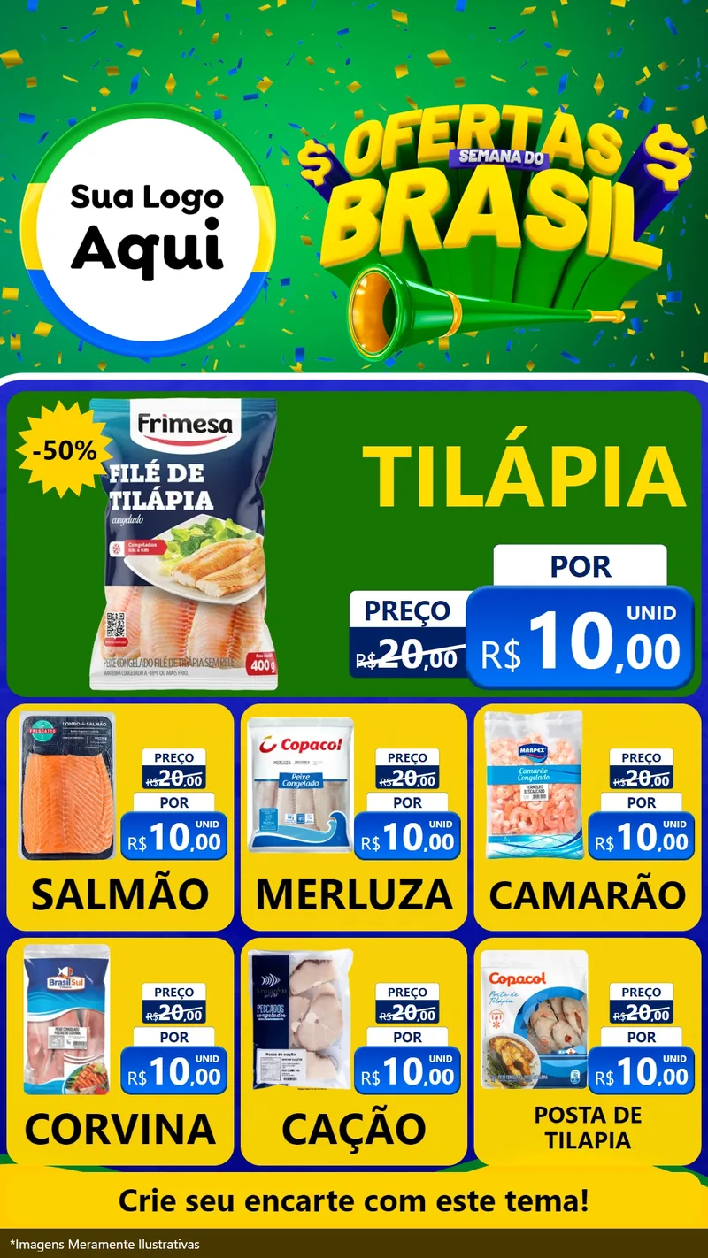 Modelo de Rede Social para Stories com o tema Ofertas Semana do Brasil para Peixaria