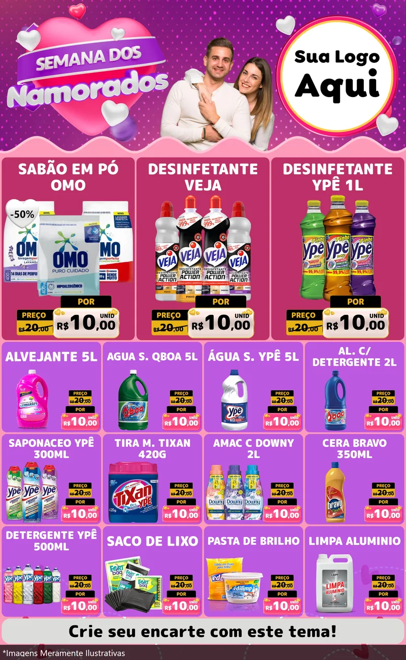 Modelo de Encarte para Encarte Grande com o tema Semana dos Namorados para Produtos de Limpeza