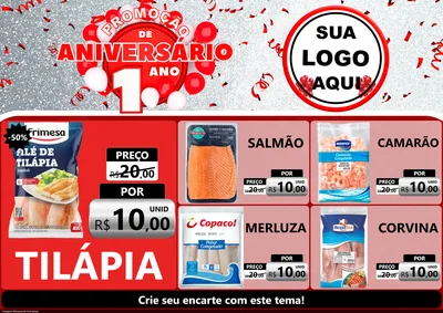 Modelo de Encarte para Encarte A4 Horizontal com o tema Promoção de Aniversário - 1 Ano para Peixaria