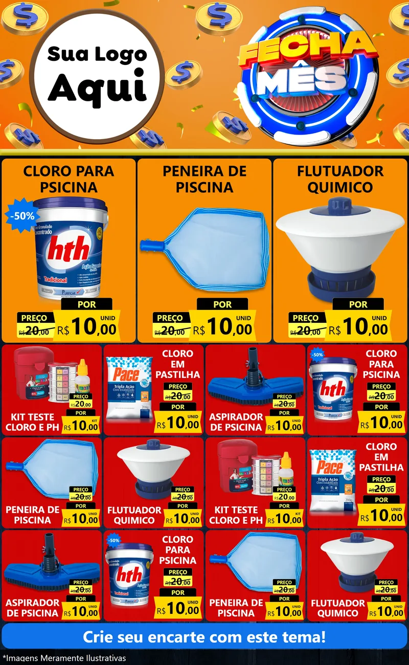 Modelo de Encarte para Encarte Grande com o tema Fecha Mês para Produtos para Piscina