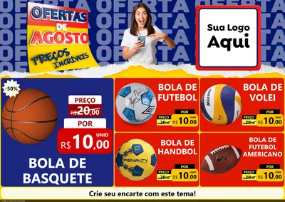 Modelo de Encarte para Encarte A4 Horizontal com o tema Ofertas de Agosto - Preços Incríveis para Artigos Esportivos