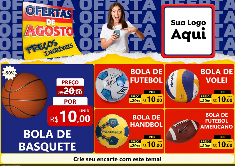 Modelo de Encarte para Encarte A4 Horizontal com o tema Ofertas de Agosto - Preços Incríveis para Artigos Esportivos