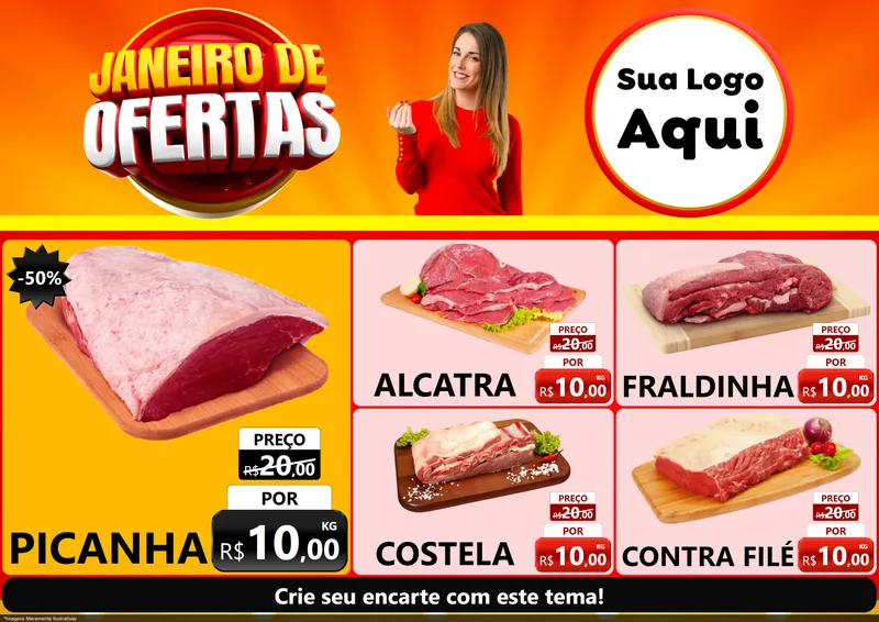Modelo de Encarte para Encarte A4 Horizontal com o tema Janeiro de Ofertas para Açougue