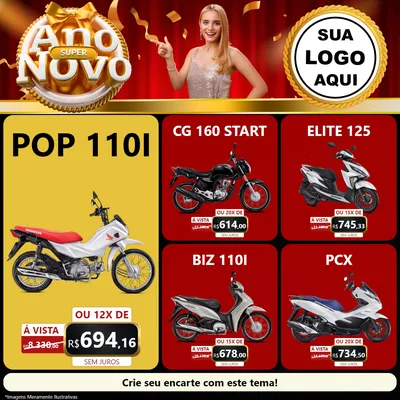Modelo de Rede Social para Feed Facebook com o tema Super Ano Novo para Concessionaria de Motos