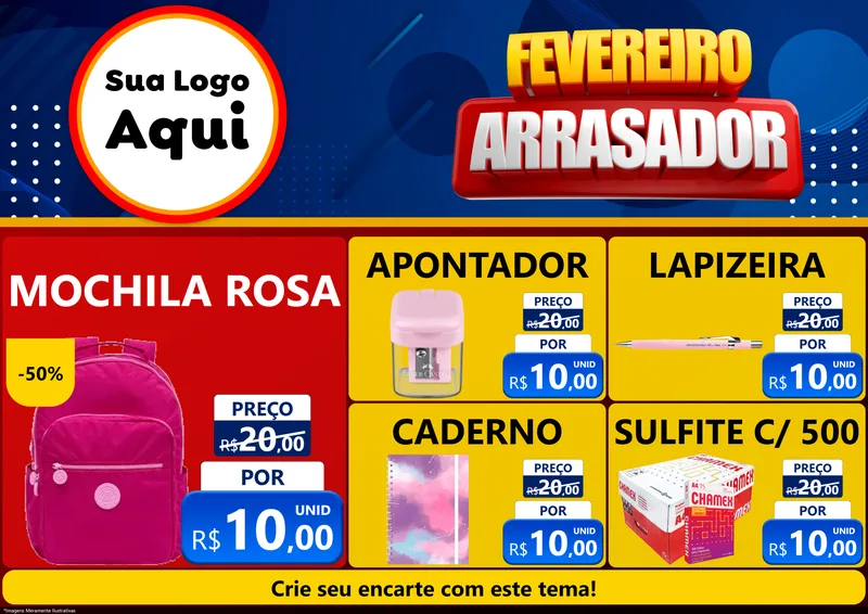 Modelo de Encarte para Encarte A4 Horizontal com o tema Fevereiro Arrasador para Papelaria