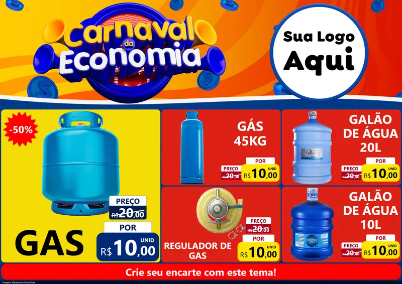 Modelo de Encarte para Encarte A4 Horizontal com o tema Carnaval da Economia para Água e gás