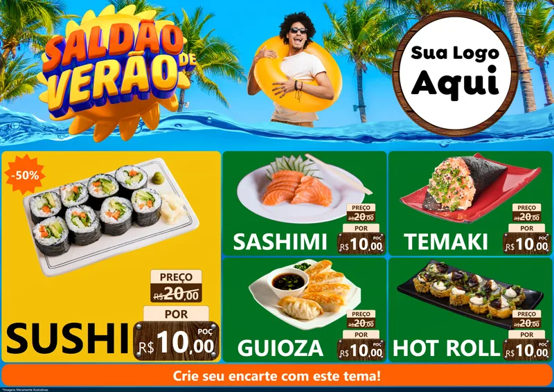 Modelo de Encarte para Encarte A4 Horizontal com o tema Saldão de Verão para Comida japonesa