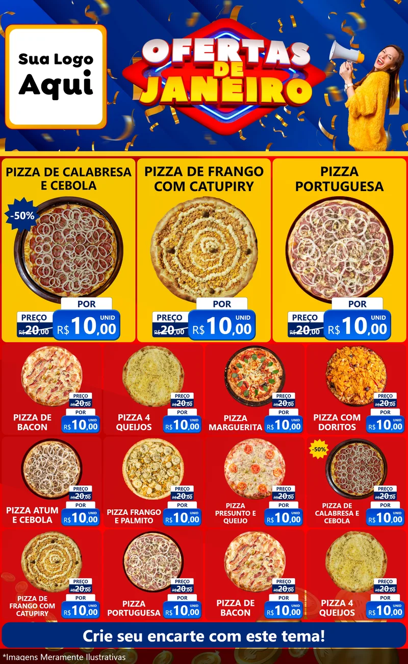 Modelo de Encarte para Encarte Grande com o tema Ofertas de Janeiro para Pizzaria