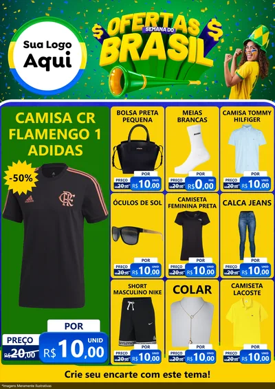 Modelo de Encarte para Encarte A4 Vertical com o tema Ofertas Semana do Brasil para Roupas e acessórios