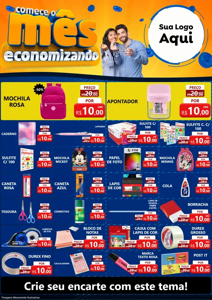 Modelo de Encarte para Encarte A4 Vertical com o tema Comece O Mês Economizando para Papelaria