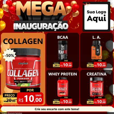 Modelo de Rede Social para Feed Facebook com o tema Mega Inauguração para Suplementos alimentares