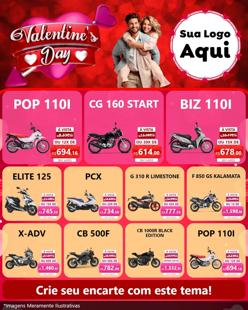 Modelo de Rede Social para Feed Instagram com o tema Valentine's Day para Concessionaria de Motos