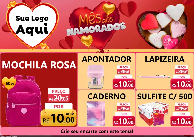 Modelo de Encarte para Encarte A4 Horizontal com o tema Mês dos Namorados para Papelaria
