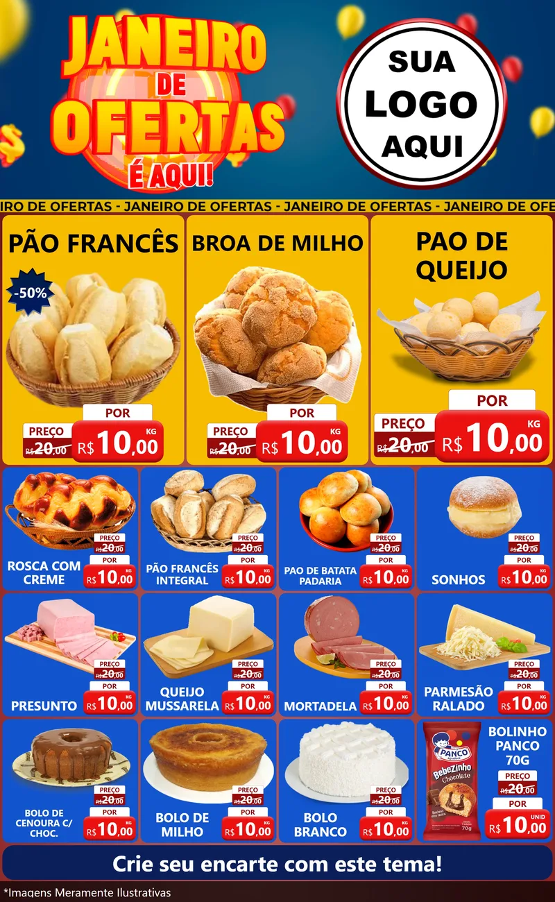 Modelo de Encarte para Encarte Grande com o tema Janeiro de Ofertas É Aqui! para Padaria