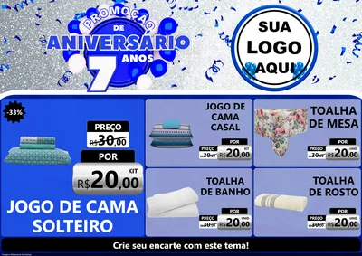 Modelo de Encarte para Encarte A4 Horizontal com o tema Promoção de Aniversário - 7 Anos para Cama, Mesa e Banho