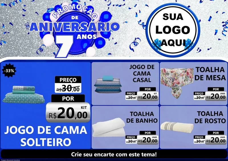Modelo de Encarte para Encarte A4 Horizontal com o tema Promoção de Aniversário - 7 Anos para Cama, Mesa e Banho