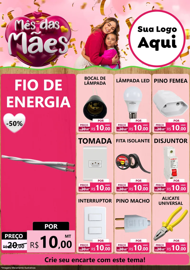 Modelo de Encarte para Encarte A4 Vertical com o tema Mês das Mães para Materiais Elétricos
