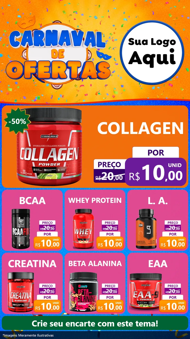 Modelo de Rede Social para Stories com o tema Carnaval de Ofertas para Suplementos alimentares