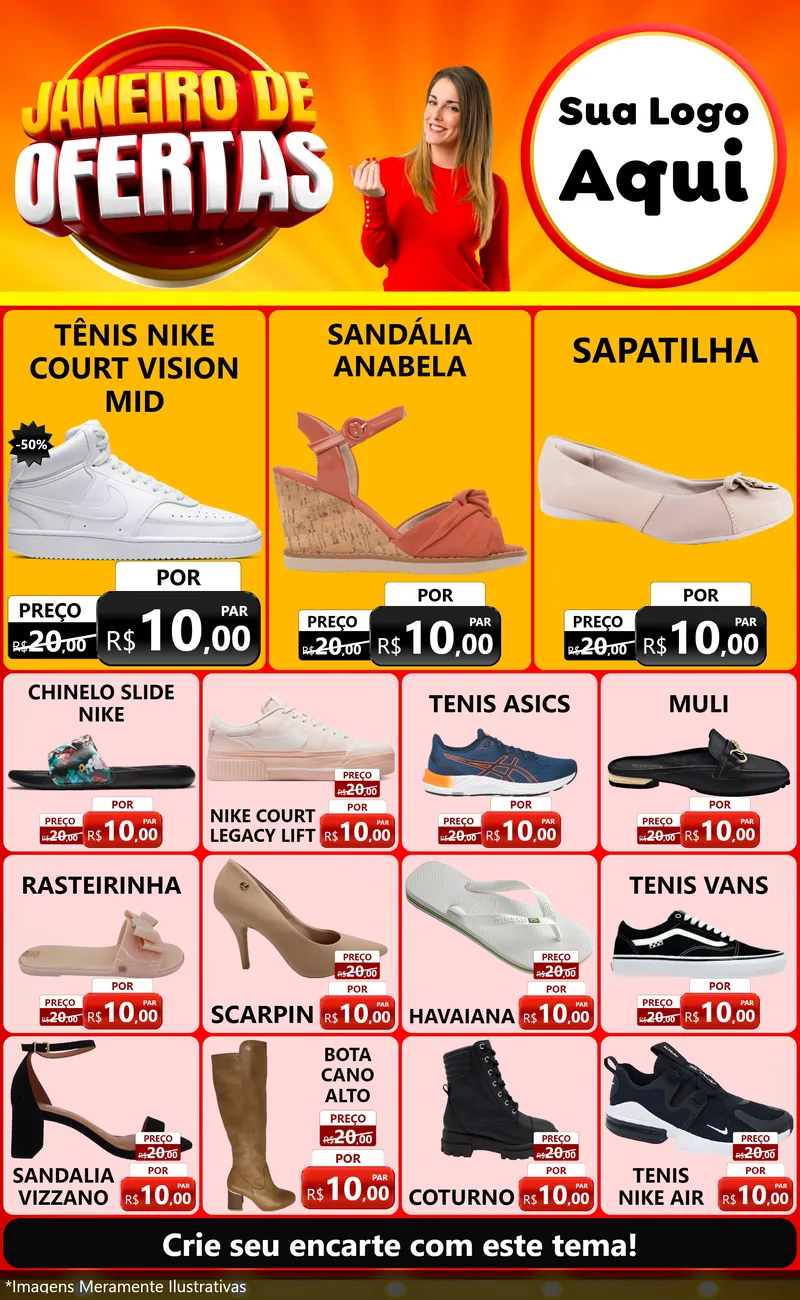 Modelo de Encarte para Encarte Grande com o tema Janeiro de Ofertas para Calçados