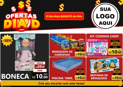 Modelo de Encarte para Encarte A4 Horizontal com o tema Ofertas Dia D para Brinquedos